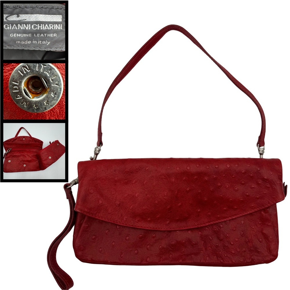 Gianni Chiarini Red Genuine Leather Ostrich-Embossed Clutch Shoulder Bag Italy